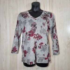 Ellen Tracy Gray Floral V-Neck Sweater Sz Lg